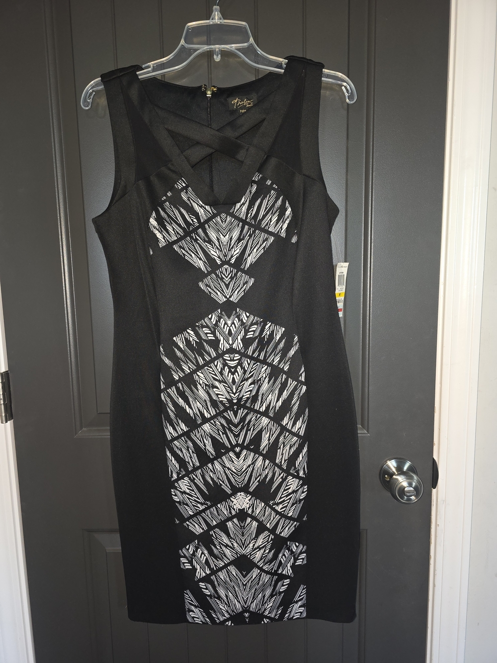 Thalia Sodi Black and White Patterned Midi Sheath Dress